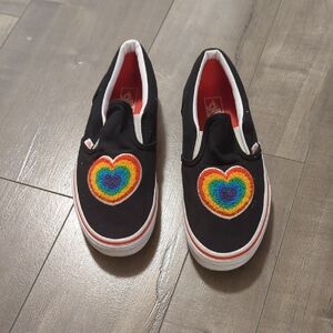 Vans Black Slip-On Kids Shoes with Rainbow Heart. Juniors Size 6- WomensSize 7.5